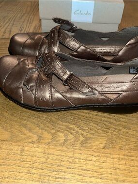 Clarks Ashland Spin Pewter Metallic Brown Leather Loafers 7 WW Extra-Wide